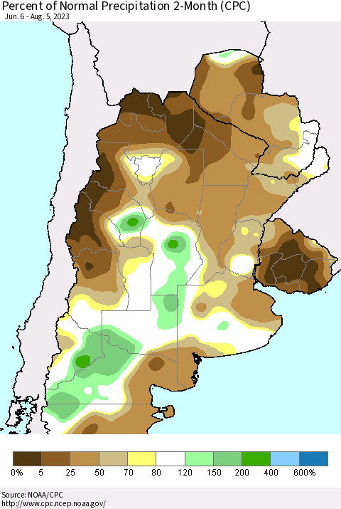 Southern South America Percent of Normal Precipitation 2-Month (CPC) Thematic Map For 6/6/2023 - 8/5/2023