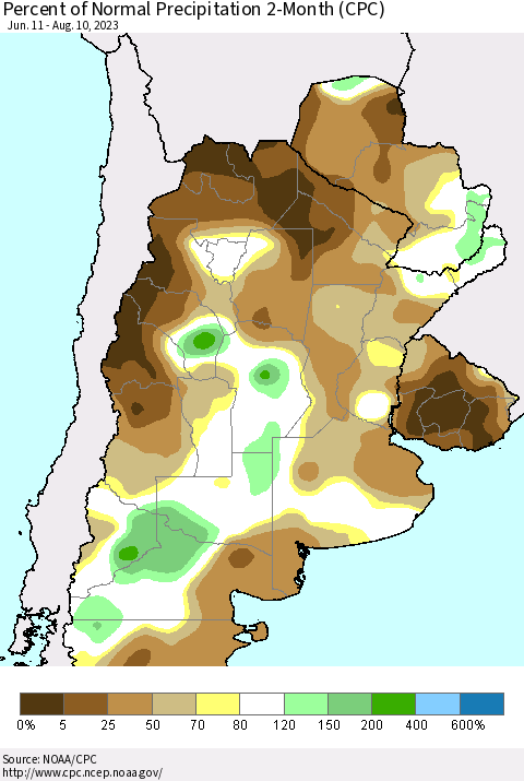 Southern South America Percent of Normal Precipitation 2-Month (CPC) Thematic Map For 6/11/2023 - 8/10/2023