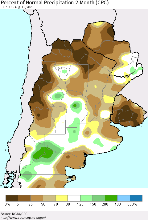 Southern South America Percent of Normal Precipitation 2-Month (CPC) Thematic Map For 6/16/2023 - 8/15/2023