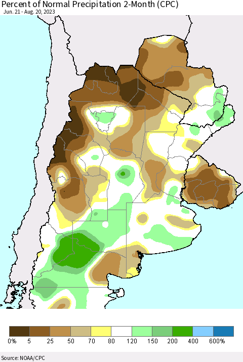 Southern South America Percent of Normal Precipitation 2-Month (CPC) Thematic Map For 6/21/2023 - 8/20/2023