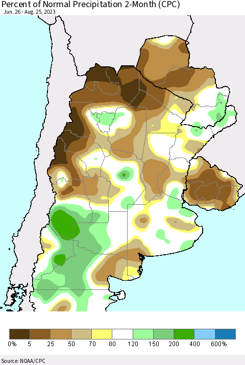 Southern South America Percent of Normal Precipitation 2-Month (CPC) Thematic Map For 6/26/2023 - 8/25/2023