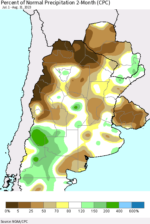 Southern South America Percent of Normal Precipitation 2-Month (CPC) Thematic Map For 7/1/2023 - 8/31/2023