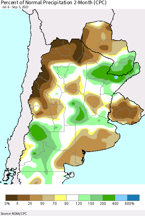 Southern South America Percent of Normal Precipitation 2-Month (CPC) Thematic Map For 7/6/2023 - 9/5/2023
