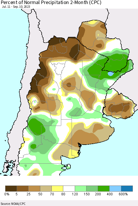 Southern South America Percent of Normal Precipitation 2-Month (CPC) Thematic Map For 7/11/2023 - 9/10/2023