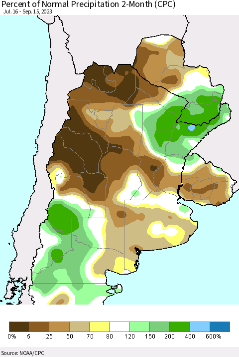 Southern South America Percent of Normal Precipitation 2-Month (CPC) Thematic Map For 7/16/2023 - 9/15/2023