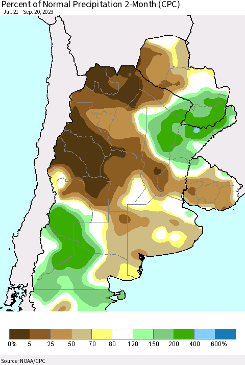 Southern South America Percent of Normal Precipitation 2-Month (CPC) Thematic Map For 7/21/2023 - 9/20/2023