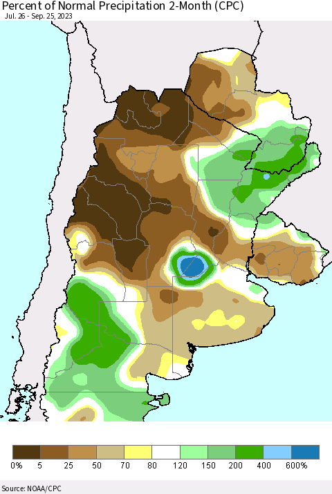 Southern South America Percent of Normal Precipitation 2-Month (CPC) Thematic Map For 7/26/2023 - 9/25/2023