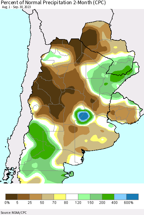Southern South America Percent of Normal Precipitation 2-Month (CPC) Thematic Map For 8/1/2023 - 9/30/2023
