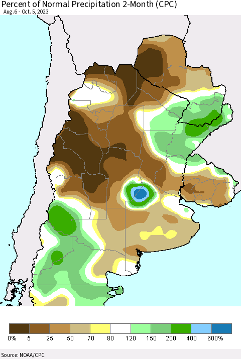 Southern South America Percent of Normal Precipitation 2-Month (CPC) Thematic Map For 8/6/2023 - 10/5/2023