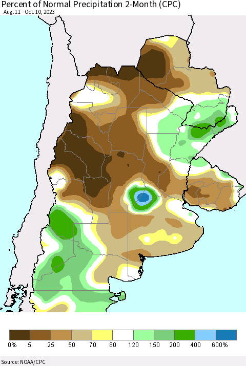 Southern South America Percent of Normal Precipitation 2-Month (CPC) Thematic Map For 8/11/2023 - 10/10/2023