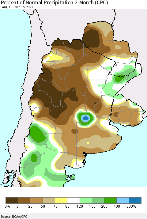 Southern South America Percent of Normal Precipitation 2-Month (CPC) Thematic Map For 8/16/2023 - 10/15/2023