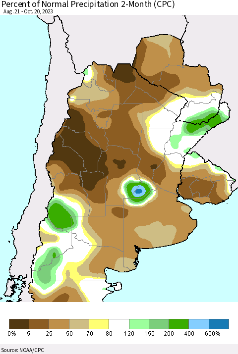 Southern South America Percent of Normal Precipitation 2-Month (CPC) Thematic Map For 8/21/2023 - 10/20/2023