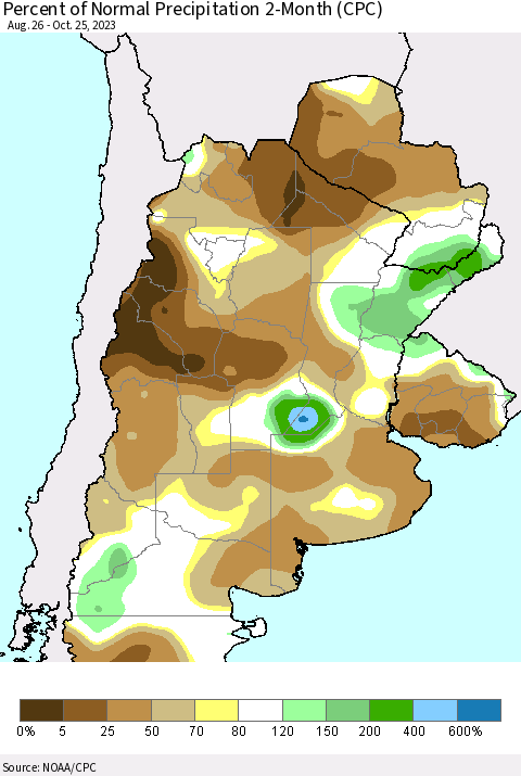 Southern South America Percent of Normal Precipitation 2-Month (CPC) Thematic Map For 8/26/2023 - 10/25/2023