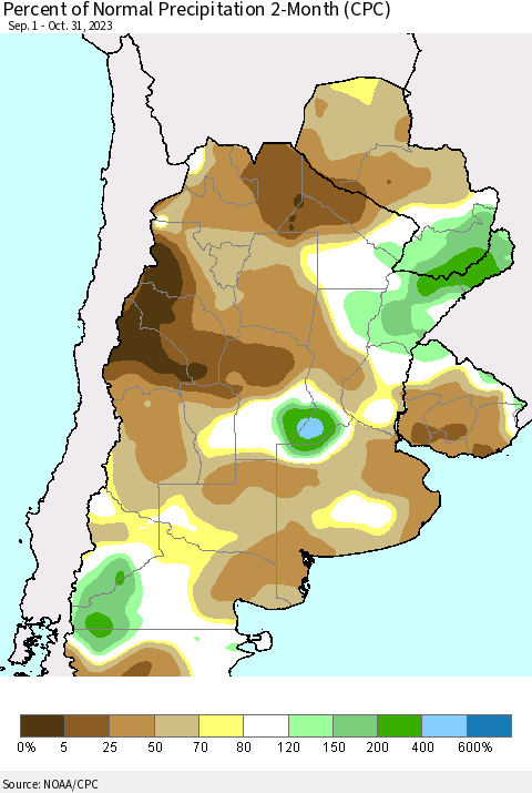 Southern South America Percent of Normal Precipitation 2-Month (CPC) Thematic Map For 9/1/2023 - 10/31/2023