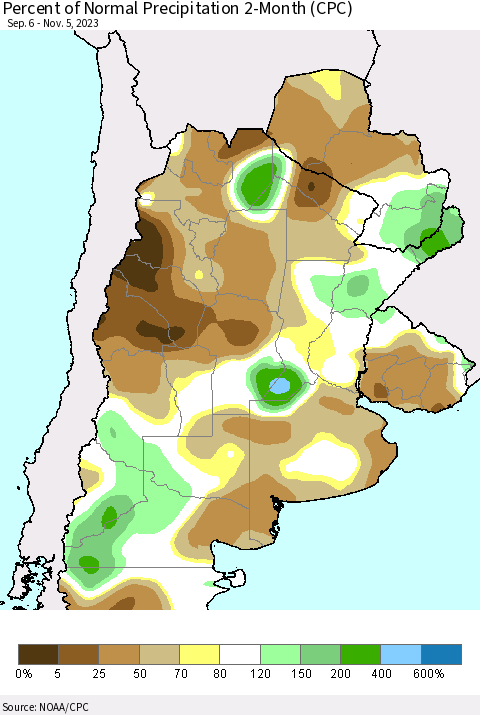 Southern South America Percent of Normal Precipitation 2-Month (CPC) Thematic Map For 9/6/2023 - 11/5/2023