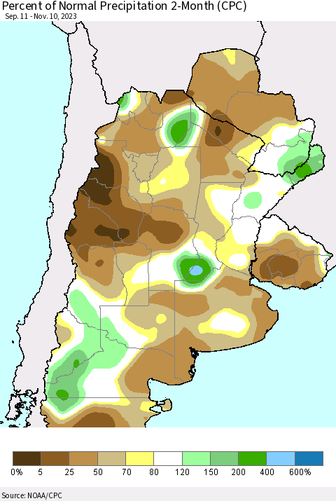 Southern South America Percent of Normal Precipitation 2-Month (CPC) Thematic Map For 9/11/2023 - 11/10/2023