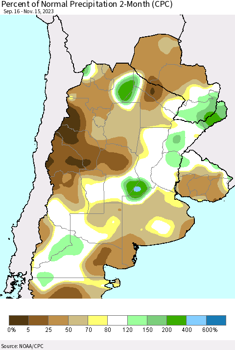 Southern South America Percent of Normal Precipitation 2-Month (CPC) Thematic Map For 9/16/2023 - 11/15/2023