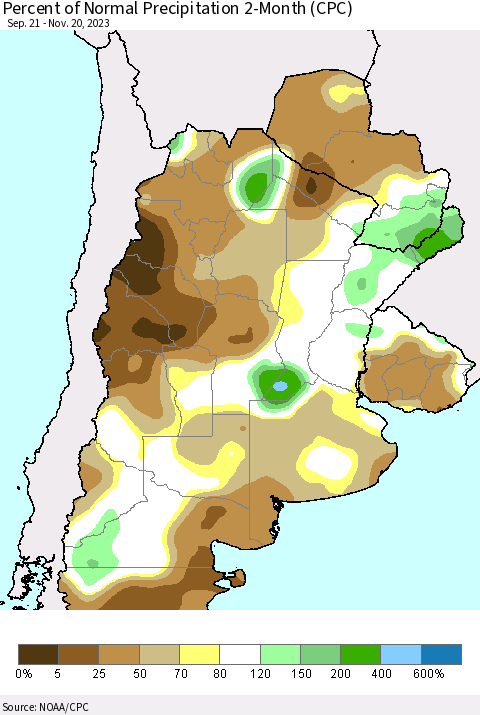 Southern South America Percent of Normal Precipitation 2-Month (CPC) Thematic Map For 9/21/2023 - 11/20/2023