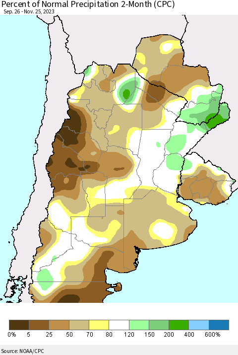 Southern South America Percent of Normal Precipitation 2-Month (CPC) Thematic Map For 9/26/2023 - 11/25/2023