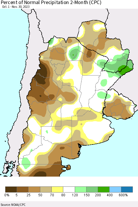 Southern South America Percent of Normal Precipitation 2-Month (CPC) Thematic Map For 10/1/2023 - 11/30/2023