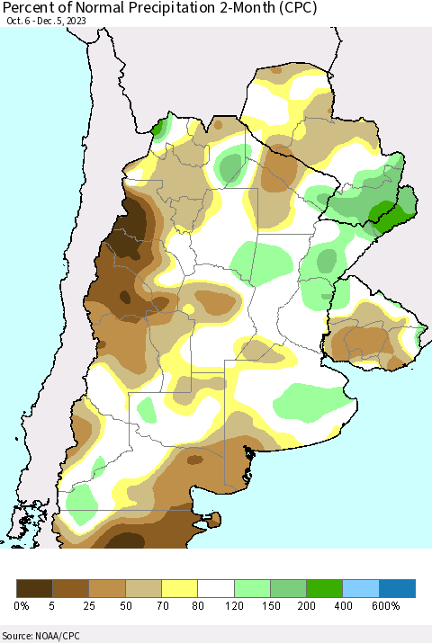 Southern South America Percent of Normal Precipitation 2-Month (CPC) Thematic Map For 10/6/2023 - 12/5/2023