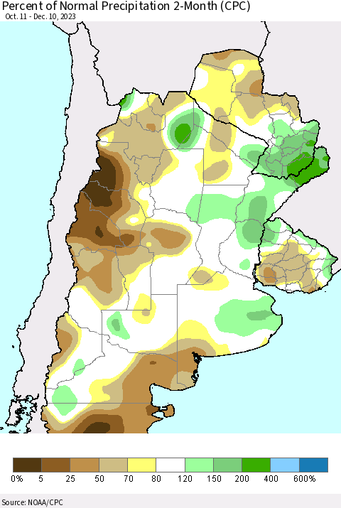 Southern South America Percent of Normal Precipitation 2-Month (CPC) Thematic Map For 10/11/2023 - 12/10/2023
