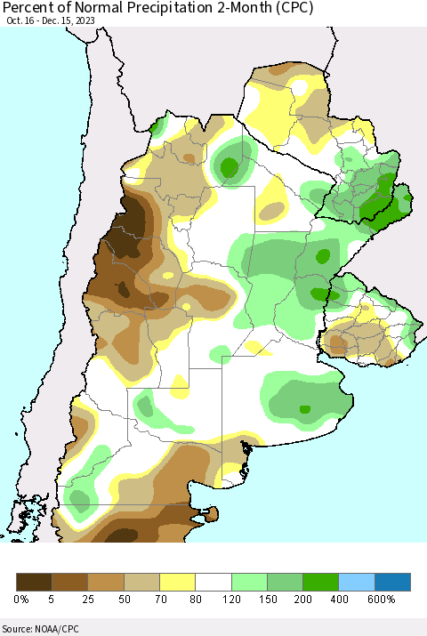 Southern South America Percent of Normal Precipitation 2-Month (CPC) Thematic Map For 10/16/2023 - 12/15/2023