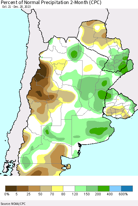 Southern South America Percent of Normal Precipitation 2-Month (CPC) Thematic Map For 10/21/2023 - 12/20/2023