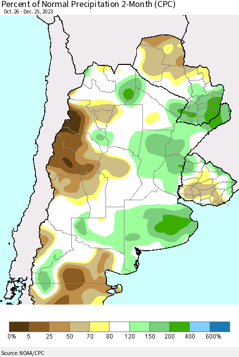 Southern South America Percent of Normal Precipitation 2-Month (CPC) Thematic Map For 10/26/2023 - 12/25/2023