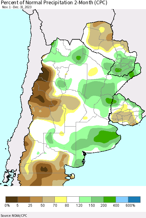 Southern South America Percent of Normal Precipitation 2-Month (CPC) Thematic Map For 11/1/2023 - 12/31/2023