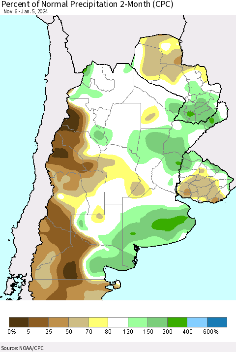 Southern South America Percent of Normal Precipitation 2-Month (CPC) Thematic Map For 11/6/2023 - 1/5/2024