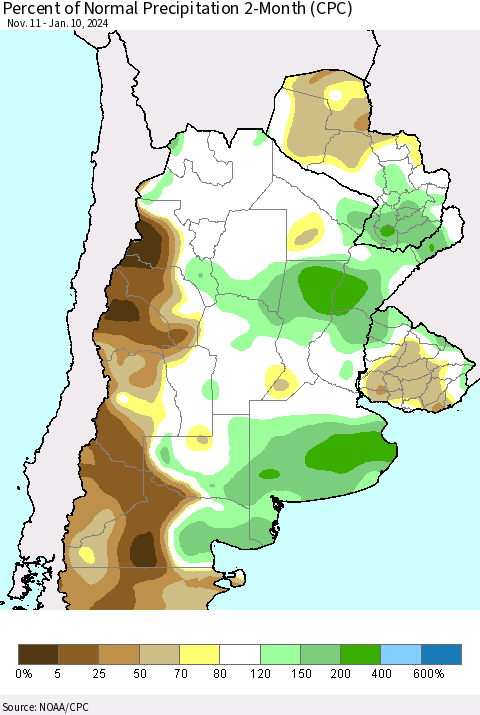 Southern South America Percent of Normal Precipitation 2-Month (CPC) Thematic Map For 11/11/2023 - 1/10/2024