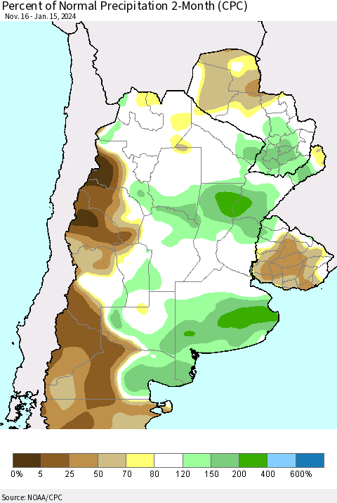 Southern South America Percent of Normal Precipitation 2-Month (CPC) Thematic Map For 11/16/2023 - 1/15/2024