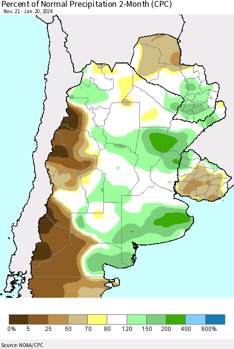 Southern South America Percent of Normal Precipitation 2-Month (CPC) Thematic Map For 11/21/2023 - 1/20/2024
