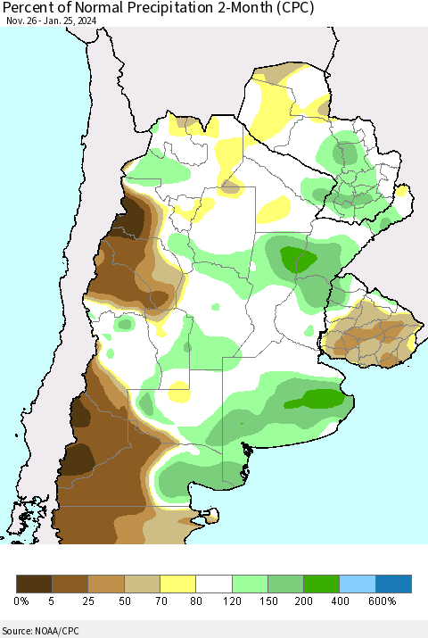 Southern South America Percent of Normal Precipitation 2-Month (CPC) Thematic Map For 11/26/2023 - 1/25/2024