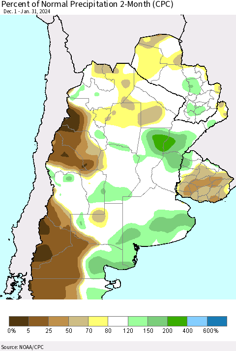 Southern South America Percent of Normal Precipitation 2-Month (CPC) Thematic Map For 12/1/2023 - 1/31/2024
