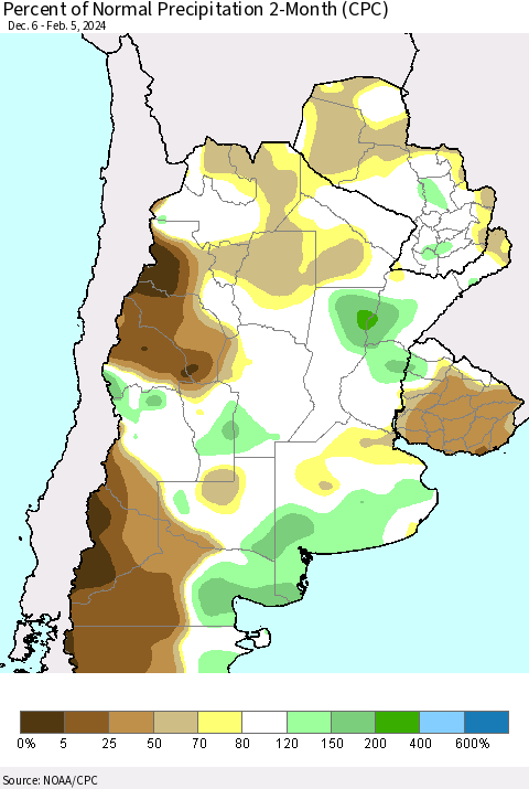 Southern South America Percent of Normal Precipitation 2-Month (CPC) Thematic Map For 12/6/2023 - 2/5/2024