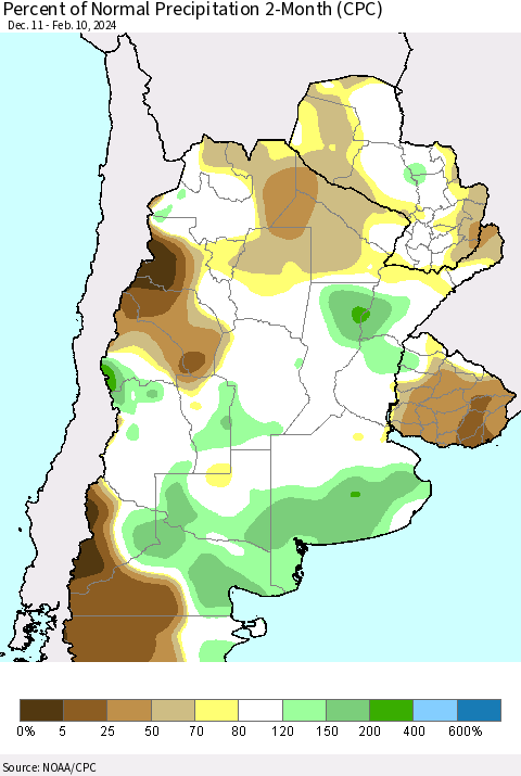 Southern South America Percent of Normal Precipitation 2-Month (CPC) Thematic Map For 12/11/2023 - 2/10/2024