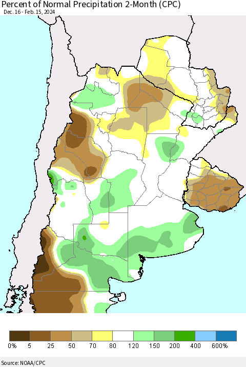 Southern South America Percent of Normal Precipitation 2-Month (CPC) Thematic Map For 12/16/2023 - 2/15/2024