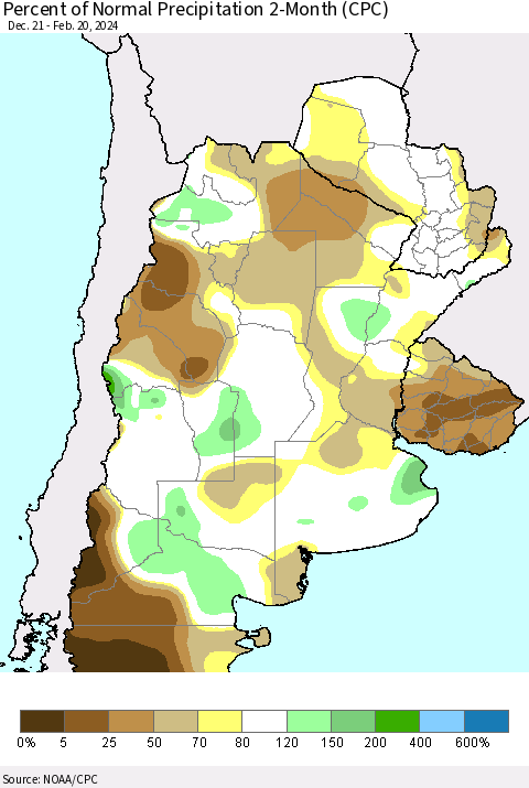 Southern South America Percent of Normal Precipitation 2-Month (CPC) Thematic Map For 12/21/2023 - 2/20/2024