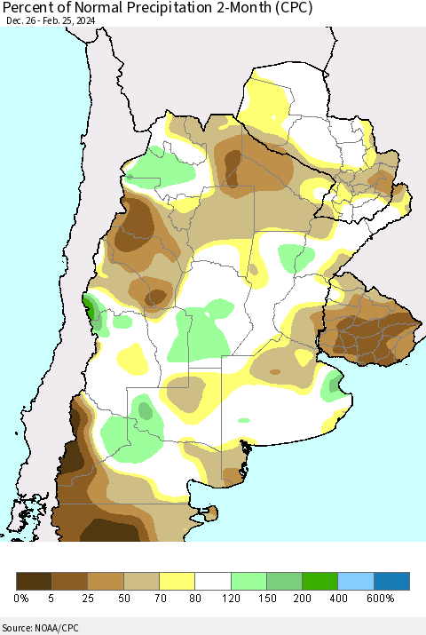 Southern South America Percent of Normal Precipitation 2-Month (CPC) Thematic Map For 12/26/2023 - 2/25/2024