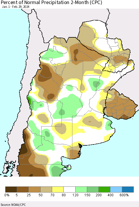 Southern South America Percent of Normal Precipitation 2-Month (CPC) Thematic Map For 1/1/2024 - 2/29/2024