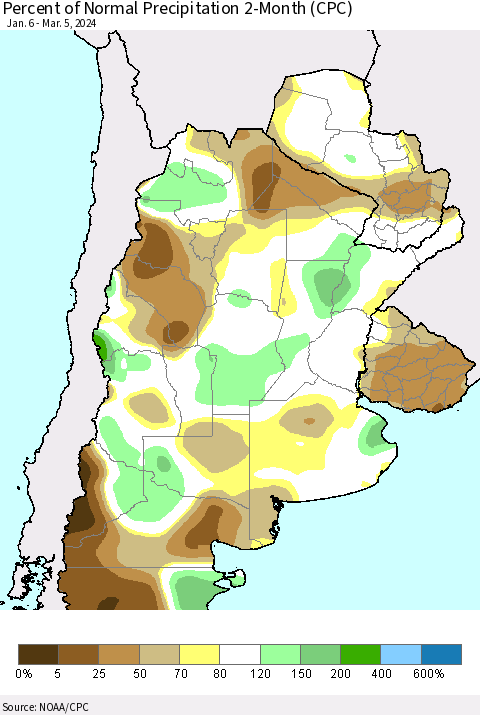 Southern South America Percent of Normal Precipitation 2-Month (CPC) Thematic Map For 1/6/2024 - 3/5/2024