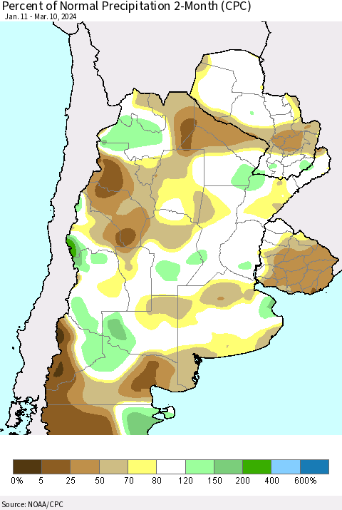 Southern South America Percent of Normal Precipitation 2-Month (CPC) Thematic Map For 1/11/2024 - 3/10/2024