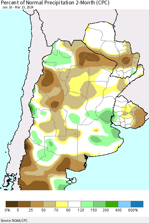 Southern South America Percent of Normal Precipitation 2-Month (CPC) Thematic Map For 1/16/2024 - 3/15/2024
