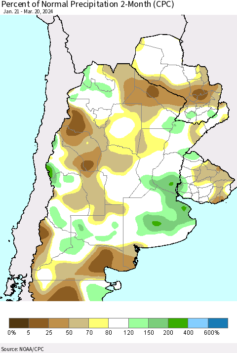 Southern South America Percent of Normal Precipitation 2-Month (CPC) Thematic Map For 1/21/2024 - 3/20/2024