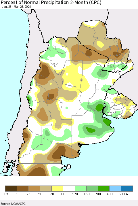 Southern South America Percent of Normal Precipitation 2-Month (CPC) Thematic Map For 1/26/2024 - 3/25/2024