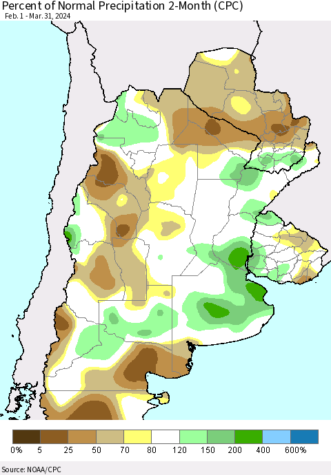 Southern South America Percent of Normal Precipitation 2-Month (CPC) Thematic Map For 2/1/2024 - 3/31/2024