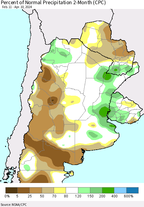 Southern South America Percent of Normal Precipitation 2-Month (CPC) Thematic Map For 2/11/2024 - 4/10/2024
