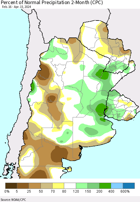 Southern South America Percent of Normal Precipitation 2-Month (CPC) Thematic Map For 2/16/2024 - 4/15/2024